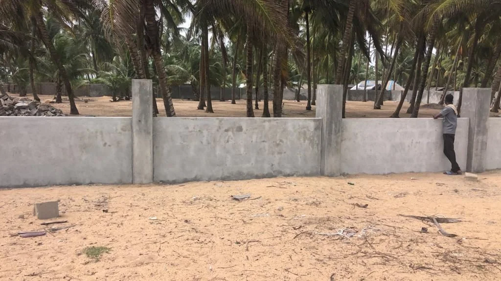 A perimeter wall running through palms at the Villas at Waikiki site